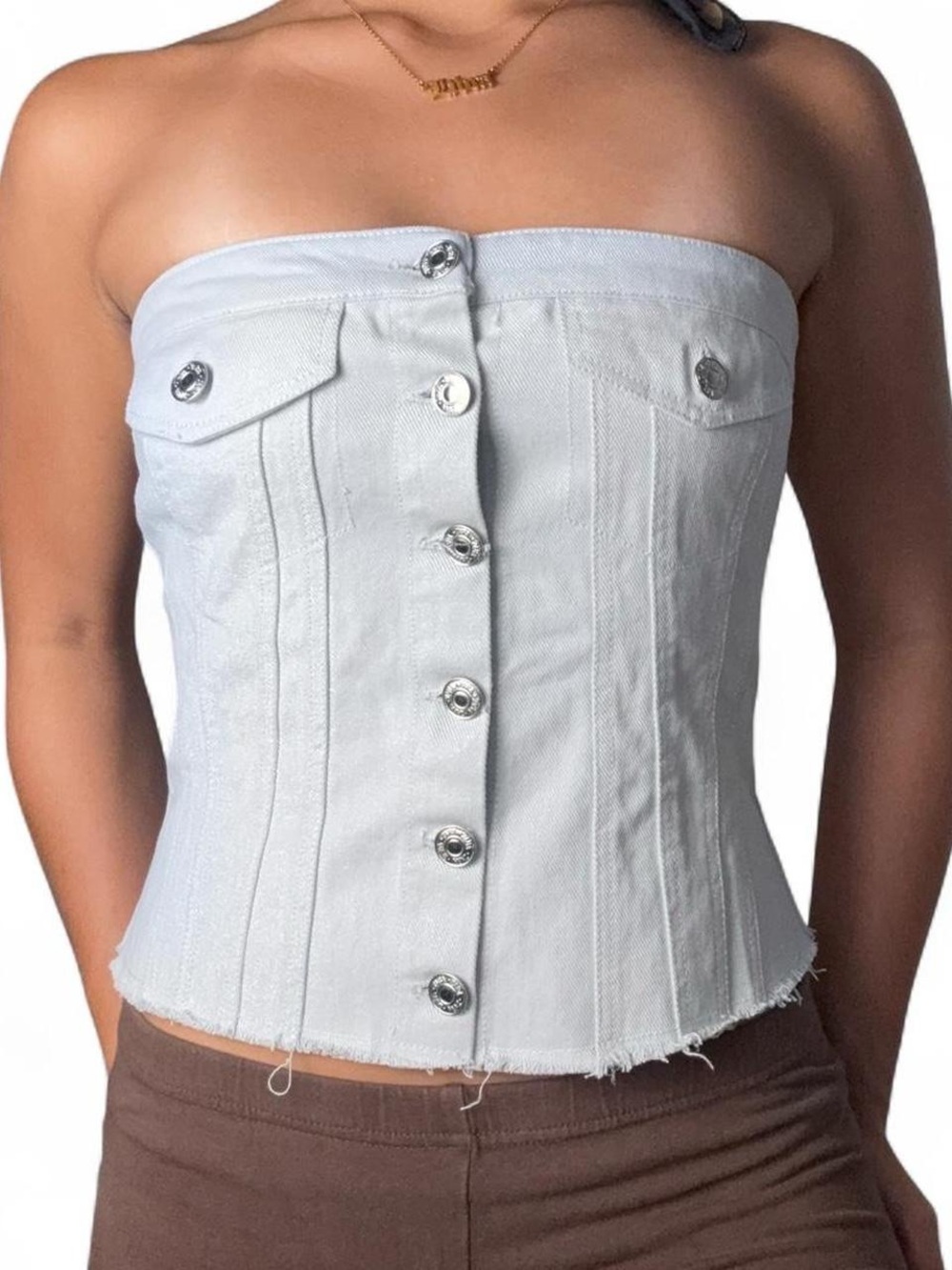 Zara Silver-Gray Strapless Button-Front Skirt